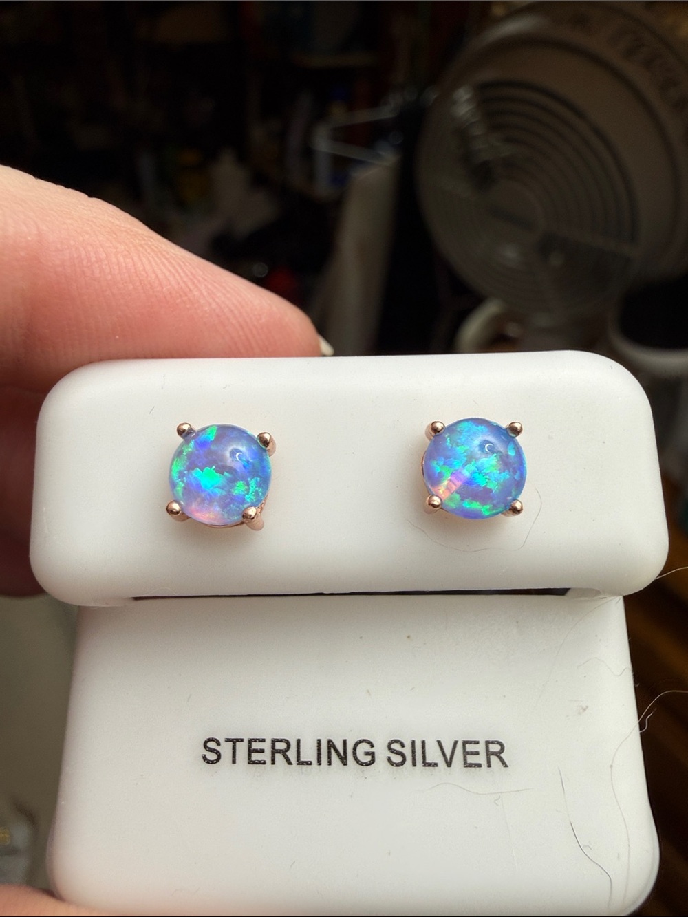 BLUE FIRE Opal Round Stud Earrings - Iridescent Blue-Green 14k rose gold over SS